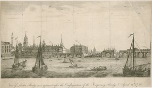 Näkymä vanhasta London Bridgestä sellaisena kuin se näytti vuoden 1758 palon jälkeen tekijältä English School