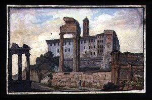 Näkymä Capitolille ja Castorin ja Polluxin temppeleille, Rooma, n. 1800 (guassi paperille) tekijältä English School