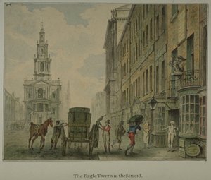 Näkymä Eagle-tavernasta Westminsterin Strandissa, jossa mies purkaa tuotteita hevoskärryistä tiellä ja St Mary le Strand kaukaa, n. 1800 (akvarelli paperille) tekijältä English School