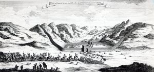 Näkymä suurelle muurille puolella, jolla suurlähettiläs saapui Kiinaan, John Harrisin kokoelmasta matkoja ja matkoja, 1748 tekijältä English School