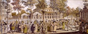 Näkymä Jubilee Ballille, Ranelagh Gardens, Walesin prinssin Georgen syntymäpäivän kunniaksi 24. toukokuuta 1759 (käsinvärinen kaiverrus) tekijältä English School