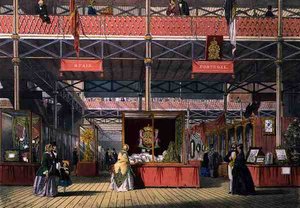 Näkymä vuoden 1851 maailmannäyttelyn Espanja ja Portugali -osastosta, Dickinsonin teoksesta Comprehensive Pictures (värilitro). tekijältä English School
