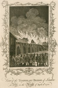 Näkymä tulessa olevasta Lontoon väliaikaisesta sillasta yöllä 11. huhtikuuta 1758 tekijältä English School