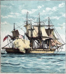 Vuoden 1812 sota Yhdysvaltojen ja Ison-Britannian välillä: Chesapeaken fregatti meritaistelun aikana brittiläistä fregattia "" Shannon" vastaan 1.6.1813 Bostonin edustalla. "Chesapeake ja Shannon" tekijältä English School