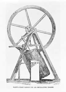 Watts ensimmäinen malli oskilloivalle moottorille, sivu 35, The Illustrated London News, 5. heinäkuuta 1851 tekijältä English School