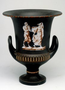Nuorta tyttöä kuvaava Wedgwood-maljakko ja musta keraaminen satyri, joka on maalattu "" enkaustiikalla"". Englanti, noin 1775 - 1790. Mitalien toimisto, BN Pariisissa. tekijältä English School