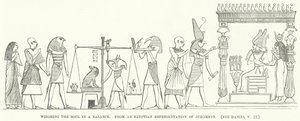 Sielun punnitseminen vaakalaudalla, egyptiläisestä tuomion esityksestä (kaiverrus) tekijältä English School