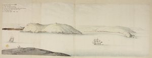 Cork Harbourin läntinen sisäänkäynti Kiddsistä tai Cow and Calfista Cross Beg Islandille; Cork Harbourin läntinen sisäänkäynti, jossa näkyy Halbowlin Island, Spike Island ja Cross Haven, n. 1684 (kynä, muste ja akvarelli paperille) tekijältä English School