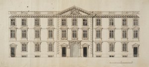 New Collegen Garden Quadranglen ehdotetun uuden rakennuksen länsirintama, n. 1680 (muste ja harmaa pesu paperilla) tekijältä English School