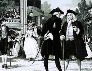 William Hogarth kävelee Vauxhall Gardensissa (guassi paperilla) tekijältä English School