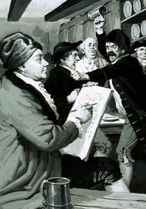 William Hogarthin ensimmäinen satiirinen piirustus sai inspiraationsa tavernan tappelusta (guassi paperilla) tekijältä English School