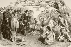 William Penn tekee sopimuksen Delawaren tai Lenapen intiaanien kanssa vuonna 1682 (litho) tekijältä English School