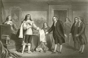 William Penn vastaanottaa Pennsylvanian peruskirjan Charles II:lta tekijältä English School