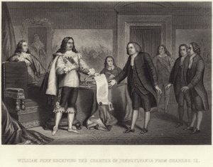 William Penn vastaanottaa Pennsylvanian peruskirjan Charles II:lta tekijältä English School