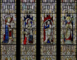 Ikkuna Ew, joka esittää St Ethelbertin, Pyhän Annan ja Neitsyt, Joachimin, St Thomas of Herefordin tekijältä English School