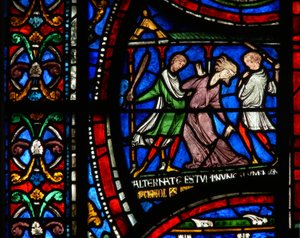 Ikkuna n2, joka esittää kohtauksen St Thomas Becket Miracle -ikkunasta: Hullun Matildan Kölnin tarina tekijältä English School