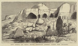 Kenraali Sir Samuel Brownen kanssa, merkittäviä buddhalaisia luolia lähellä Jellalabadia (kaiverrus) tekijältä English School
