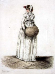 Nainen "joulukuun" mekossa, n. 1815 (akvarelli ja kynä paperille) tekijältä English School