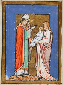 Yates Thompson 26 f.62v St. Cuthbert parantamassa lasta ruttoa vastaan, kuva "St. Cuthbertin proosaelämästä", kirjoittanut Bede (vellum) tekijältä English School