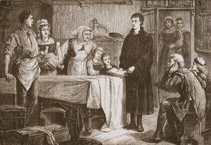 Nuori Calvin selittää Raamattua perheelle Bourgesissa, esimerkki James Aitken Wylien (1808-1890) teoksesta The History of Protestantism, pub. 1878 tekijältä English School