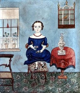 Nuori tyttö tanssii tuolilla sisätiloissa, n. 1840 (akvarelli paperille) tekijältä English School
