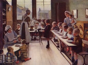 Pienet lapset ruokailun yhteydessä päiväkodissa (väri litho) tekijältä English School