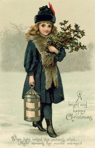 Nuori tyttö Hollyn ja Lyhdyn kanssa, postikortti, 1900-luvun alku tekijältä English School