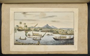 f.75 (levy 86) Jokikohtaus Jaavalla veneillä, mukaan lukien lohikäärmepäinen vene tekijältä English School