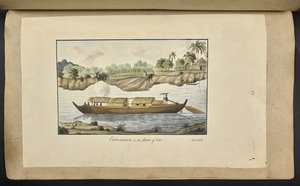 f.77 (levy 88) Vene Solo-joella (Surakarta, Keski-Jaava). 4. helmikuuta 1817. Edessä musteella kirjoitettu: "Lausuminen Solo-joelle". 4. helmikuuta 1812.’ (akvarelli paperille) tekijältä English School