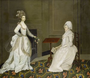 Kaksi naista sisätiloissa, toinen lukee, toisella kädessään kukkaseppele tekijältä English School, 18th Century