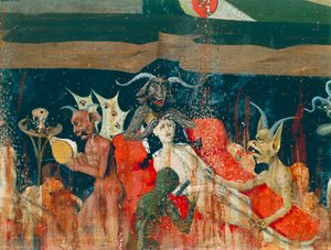 Demonit ja kirottu helvettiin, yksityiskohta Neitsytalttartaulusta tekijältä Enguerrand Quarton