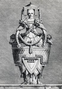 Antropomorfinen maljakko, kreikkalainen morsian, kaiverrus Ennemond-Alexandre Petitot (1727-1801) Masquerade la Grecquestä, Suite des Vases and Cheminees, Parma tekijältä Ennemond Alexandre (after) Petitot