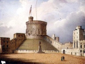 Worcester plaque na naglalarawan sa Round Tower, Windsor Castle, isa sa isang pares, c.1830-40 (porselana) (para sa pares tingnan ang 72834)finn tekijältä Enoch Doe