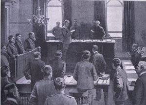 Oikeudenkäynti maanpetoksesta Bloemfonteinissa, teoksesta After Pretoria: The Guerilla War, jonka on julkaissut Harmsworth Bros Limited, 1901. tekijältä Enoch Ward