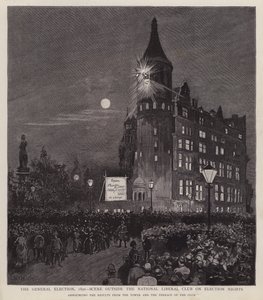 Liberal Clubin vuoden 1892 yleisvaalien tulosilmoitus, Westminster, Lontoo (litho) tekijältä Enoch Ward