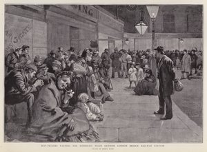 Humalarit odottavat London Bridgen aseman ulkopuolella keskiyön junaa Kentiin (litho) tekijältä Enoch Ward