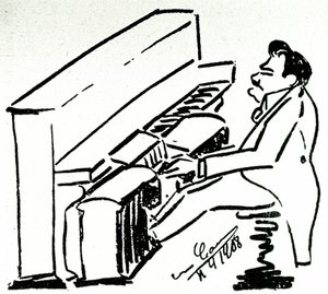 Lyyrisen laulajan Enrico Caruson autokarikatyyri pianolassa tekijältä Enrico Caruso