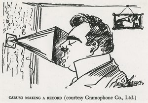 Caruso äänittää ensimmäistä gramofonitallennettaan, 1902 (piirros). tekijältä Enrico Caruso