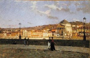 Laituri Po-joen varrella ja Grande Madre di Dion kirkko, Torino, 1882 tekijältä Enrico Reycend
