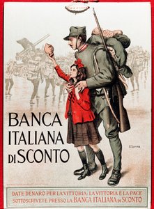 Ensimmäinen maailmansota: Italialainen juliste, joka kannustaa kansalliseen lainaan ja esittää sotilasta pikkutytön kanssa, joka tarjoaa liiraansa - Kuvitus Enrico della Leonessa (Lioness) (1875-1921)