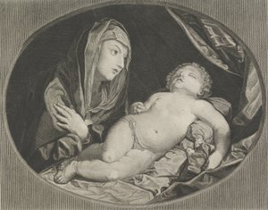 Neitsyt kädet ristissä rintojensa päällä katsomassa nukkuvaa Kristus-lapsea, vuonna..., 1770-1834. tekijältä Ephraim Gottlieb Krüger