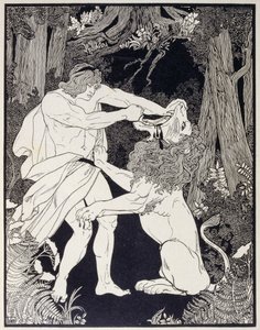 Piirros Simsonista taistelemassa leijonaa vastaan (kaiverrus). tekijältä Ephraim Moses Lilien