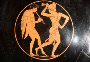 Drinking Cup, Kylix of Girl Dancing with Youth Playing huilu, Ullakko, c510 eKr. tekijältä Epikektos