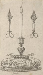 Suunnittelu kynttilänjalalle kynttilänsydänleikkureilla, 1560-70. tekijältä Erasmus Hornick