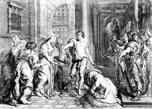 Pyhän Johannes Kastajan teloitus, kaiverrus Martin I van den Enden (fl. 1630-54)