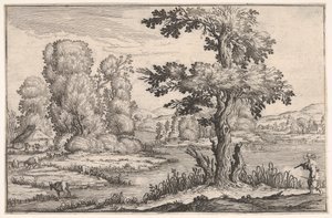 Maisema, jossa vuohet laiduntavat joen lähellä ja hahmo oikealla etualalla, ser..., 1638.