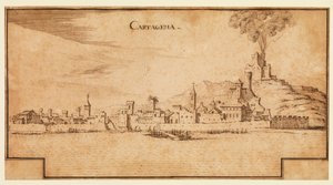 Näkymä Cartagenasta, Espanjasta, n. 1642 (kynä ja ruskea muste levitetylle paperille, ruskean musteen kehystysviivat alareunassa) tekijältä Ercole Frigoni Bazzicaluva