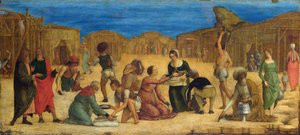 ""Mannan kokoontuminen Siinain autiomaassa" - Ercole Roberti (Ercole Ferrarese) (n. 1450-1496) Israelilaiset keräämässä Manna Temperaa kankaalle 1490-luvun kansallisgalleria, Lontoo 28,9x63,5