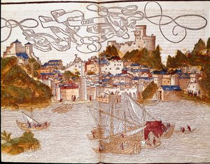 Korfun satama Kreikassa Sivu otettu matkakirjasta "Peregrinatio in Terram Sanctam" Bernard of Breydenbachin (Breidenbach) (1454-1497) pyhässä maassa pyhiinvaelluksen jälkeen, kuvitettu Erhard Reuwichin kaiverruksilla