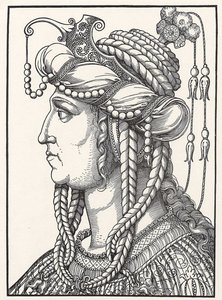 ""Sultana Roxelanen (Russelazie (ruteenilainen)) tai Hurremin (s. Anastasia Lisovska, noin 1500-1558) muotokuva sulttaani Suleiman Suuren vaimon"" Erhard Schoenin (1491-1592) puupiirros noin 152 Gothagliches Museum
